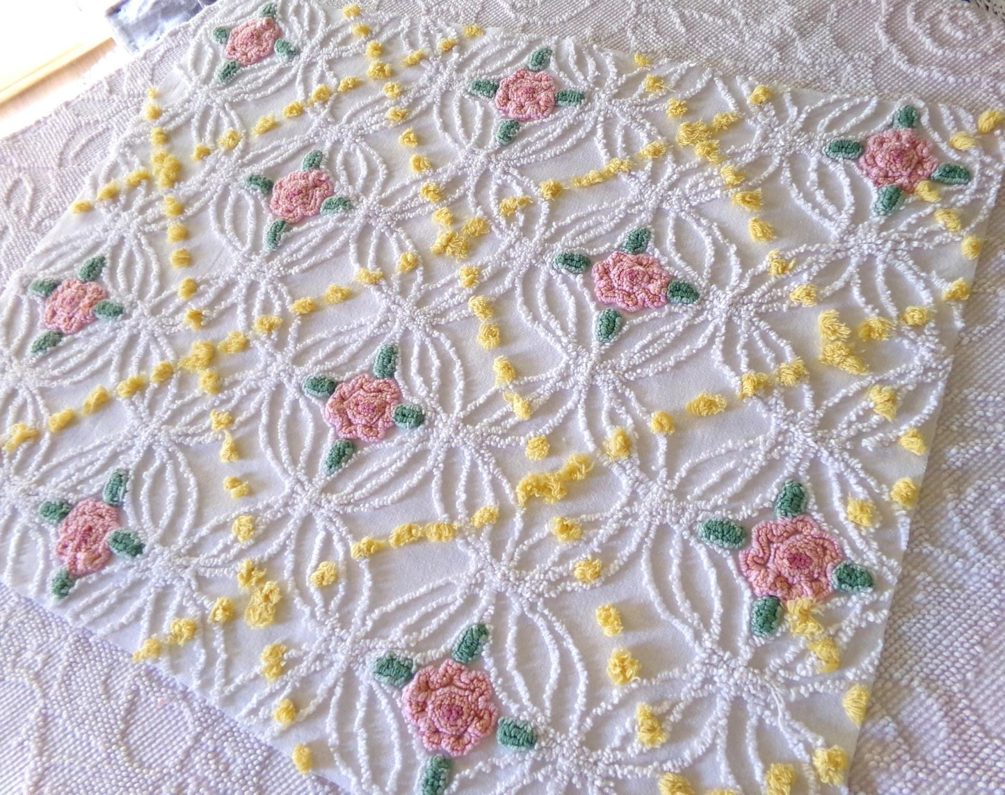 lovely pink rose chenille fabric with goldenrod yellow pops, shabby style 20" x 24" inch piece of sewing material for quilts & crafts
