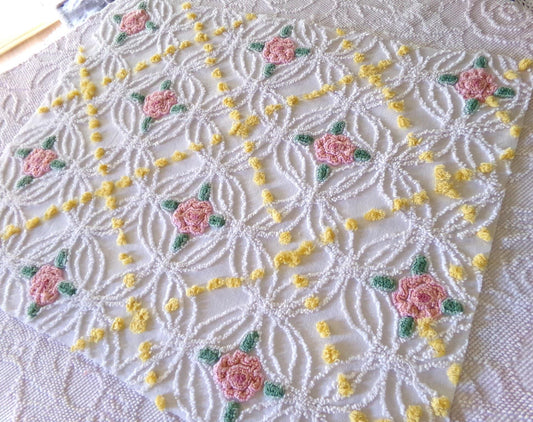 lovely pink rose chenille fabric with goldenrod yellow pops, shabby style 20" x 24" inch piece of sewing material for quilts & crafts