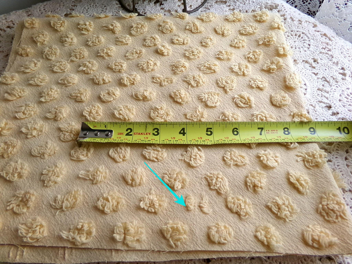 puffy gold pops vintage chenille fabric, boho style sewing material for handmade chenille quilts & crafts, 20" x 24" piece