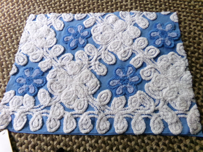 coastal cute blue chenille fabric, plush white swirls surround single flowers, 18" x 24" inch piece of vintage sewing material