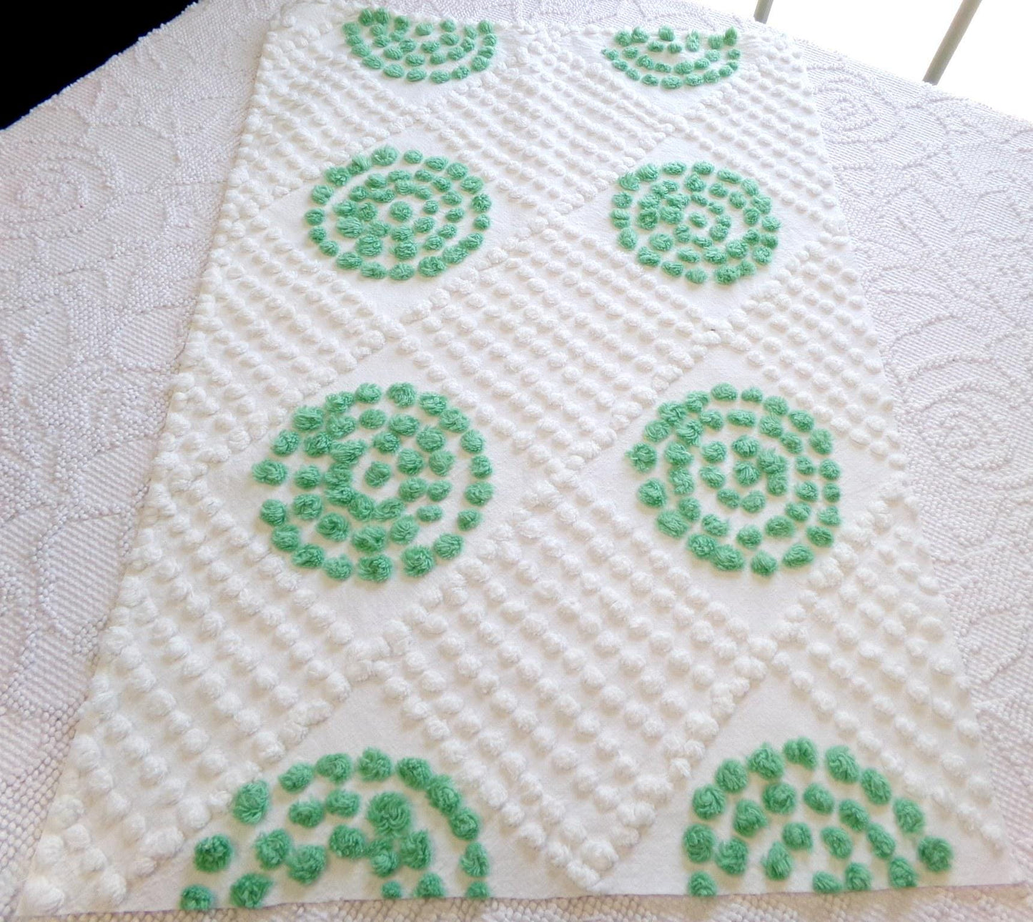 sweet shamrock green vintage chenille fabric, diamond circle pattern, 16" x 24" piece of white cotton sewing material for quilts, crafts