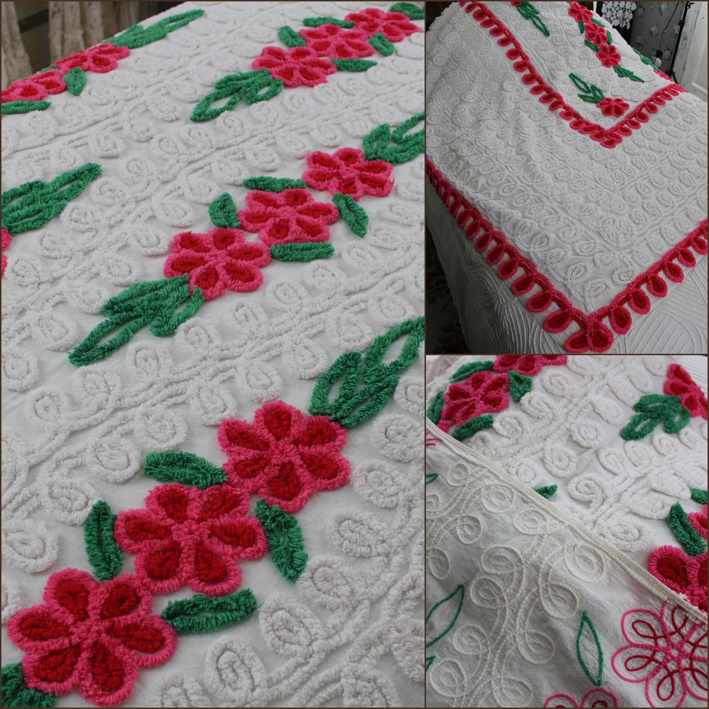 Vintage Chenille Bedspread, Raining Roses on Plush White, Full Size