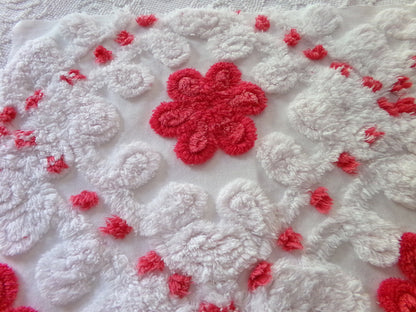 Shabby Red Flowers Vintage Chenille Fabric, 18" x 21" Inch Piece, Frosty White Plush Swirls, Ideal for Festive Crafts
