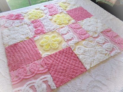 vintage 6" chenille fabric squares, set of 16 pink yellow quilt blocks, sugar & sunshine