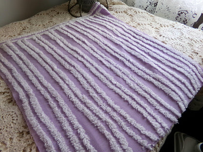 easter lilac chenille fabric, white tufted stripes on purple, 15.5" x 27" inch piece cut from vintage chenille bedspread