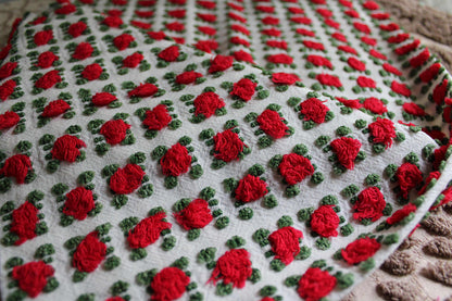 Striking Red Rosebud Vintage Chenille Fabric from Morgan Jones Roses Bedspread, 18" x 24" inch Piece