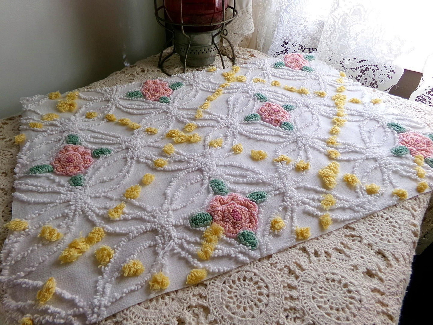 lovely pink rose chenille fabric with goldenrod yellow pops, shabby style 20" x 24" inch piece of sewing material for quilts & crafts
