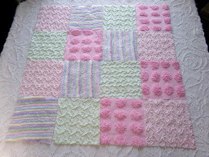 enchanted rainbow chenille fabric squares, set of 16 vintage pink & green quilt blocks 6" ea, rosebud, squiggles for crafts, quilting
