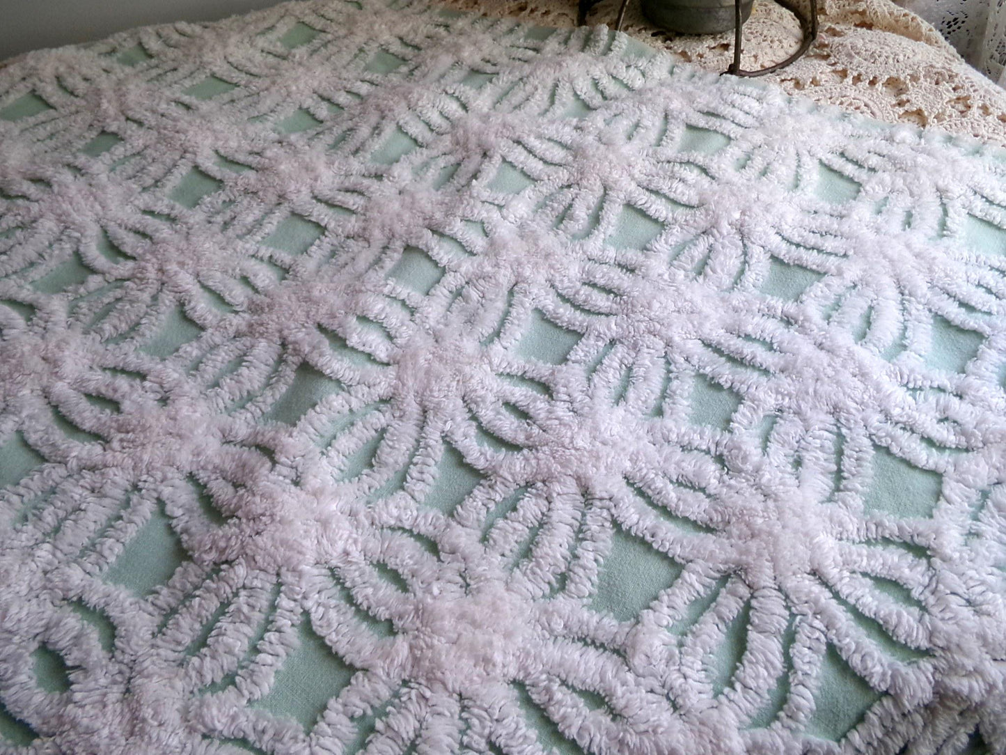 mint green chenille fabric, plush white wedding rings, 18" x 26" inch piece cut from vintage chenille bedspread