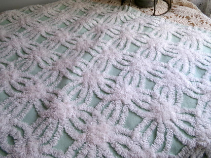 mint green chenille fabric, plush white wedding rings, 18" x 26" inch piece cut from vintage chenille bedspread