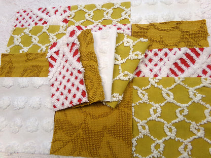 Vintage Chenille Fabric Squares - Set of 16 - Sporty Gold, White & Red - 6" Quilt Blocks