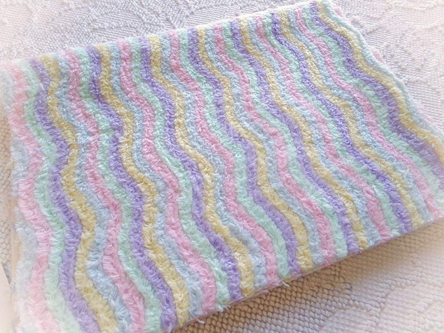 Pastel Rainbow Striped Chenille Fabric, Vintage Lilac, Yellow, Mint Green, Sky Blue & Pink Ripple 18" x 24" piece, sewing quilt material