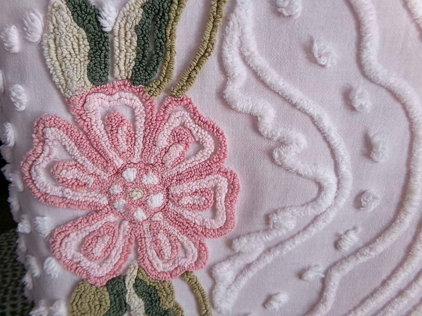 Dreamy Florals Vintage Chenille Material, 29" x 24" inch Fabric Piece, Beautifully Tufted Spring Flower Design on White Cotton