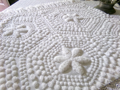 star mist white vintage chenille fabric, coastal 3D radiating starry pop motifs, 21" x 26" cut piece with fringe for pillows handmade quilts