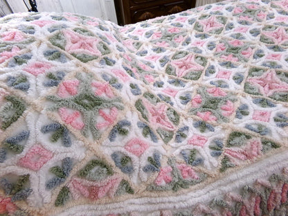 pink sea urchins twin size chenille bedspread, white cotton vintage cottage style bedding, boxed & fitted luxury design with ruffle skirt