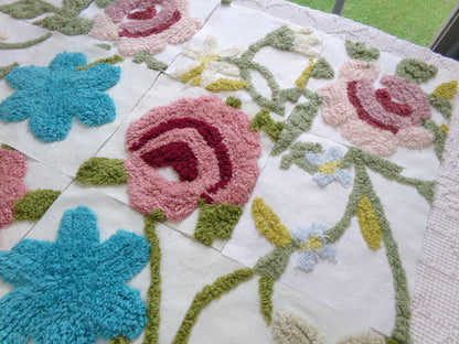 flower festival chenille fabric squares, set of 16 vintage floral 6" craft blocks, cottage designs for quilt inlays, pillows, fiber arts