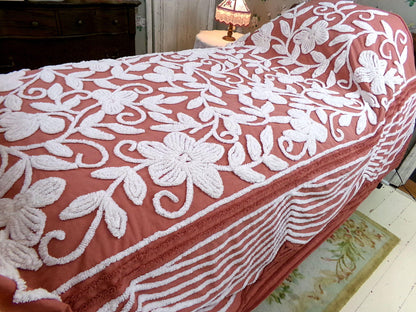 boho floral chenille bedspread, white climbing showy flowers on rusty terracotta vintage hippie 1970s style bedding