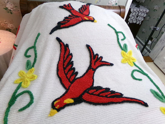 wings of love vintage chenille bedspread, majestic red cardinal birds in a garland of flowers, 100% soft cotton coverlet, full size bedding