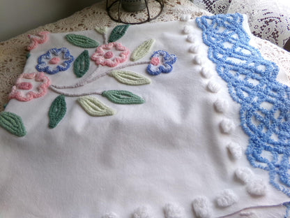 cottage style shabby pink & blue florals vintage chenille fabric, large 24" x 35" inch piece, so pretty for a pillow