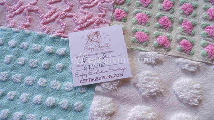 Classic Cottage Chic Chenille Quilt Squares Set from Vintage Bedspread Fabric, 16 Blocks, 6" x 6" inch, Pretty Pink Rosebud, Aqua & White
