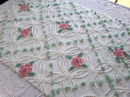 Pink Rose Garden Vintage Chenille Fabric, 18" x 25" Piece, Lovely Pink Florals in White Wedding Rings with Green Pops, 100% cotton material