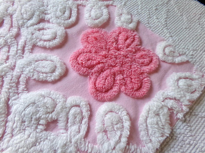 fluffy flowers vintage chenille fabric, plush pink & white sewing material, 19" x 22" inch piece for pillows, quilts, fiber arts