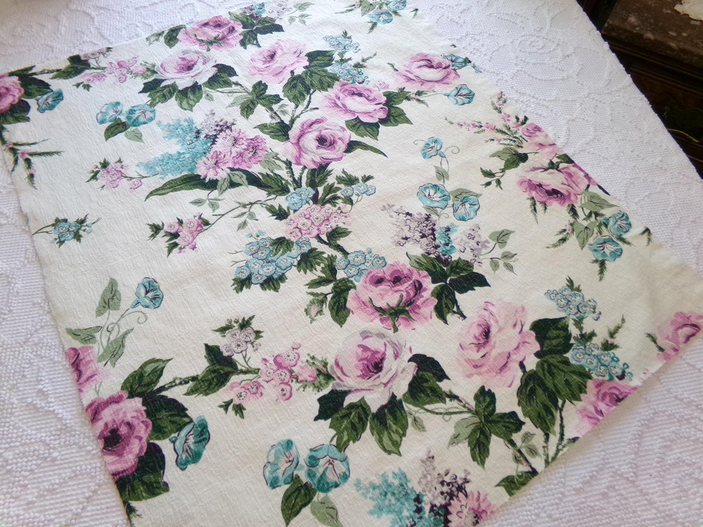Vintage Barkcloth Fabric, Shabby Cottage Chic Roses on Aged White, 18" x 25" Cut Fabric Piece from a Deconstructed bark cloth curtain panel
