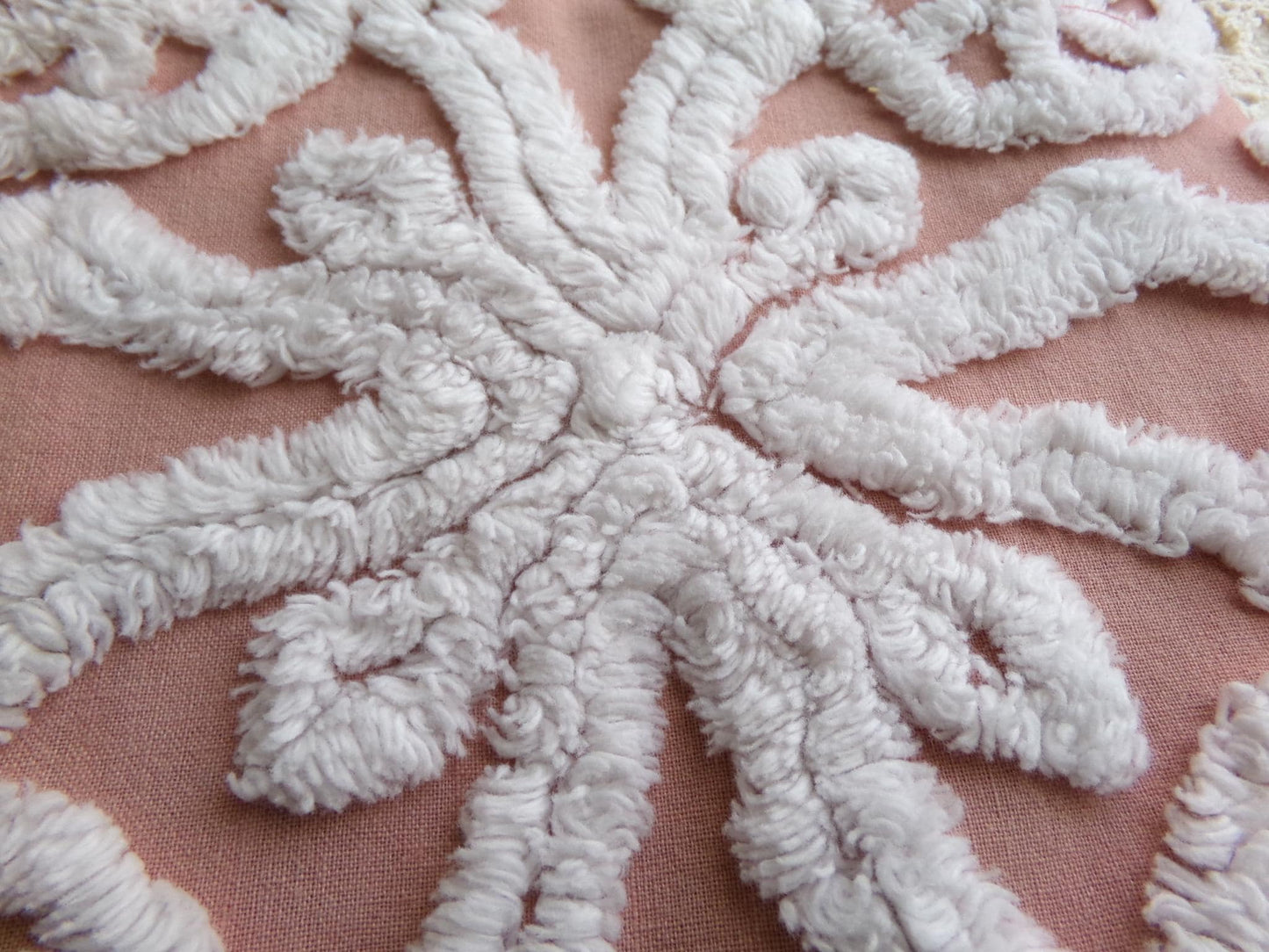 plush snowflake pinwheel vintage chenille fabric, antique sewing material, 15" x 28" inch piece