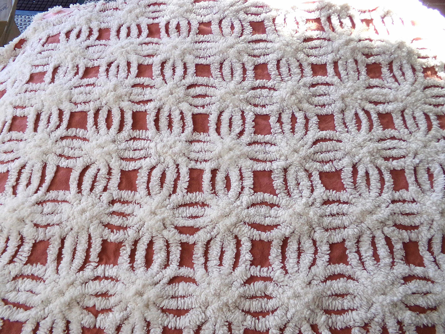Earthy Terracotta Vintage Chenille Fabric, Plush White Tufted Petal Design, 20" x 24" inch Piece, 100% Cotton Material for Quilts & Crafts