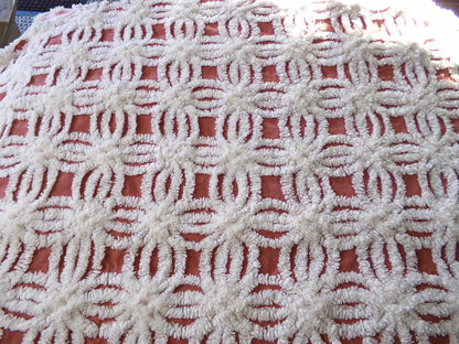 Earthy Terracotta Vintage Chenille Fabric, Plush White Tufted Petal Design, 20" x 24" inch Piece, 100% Cotton Material for Quilts & Crafts