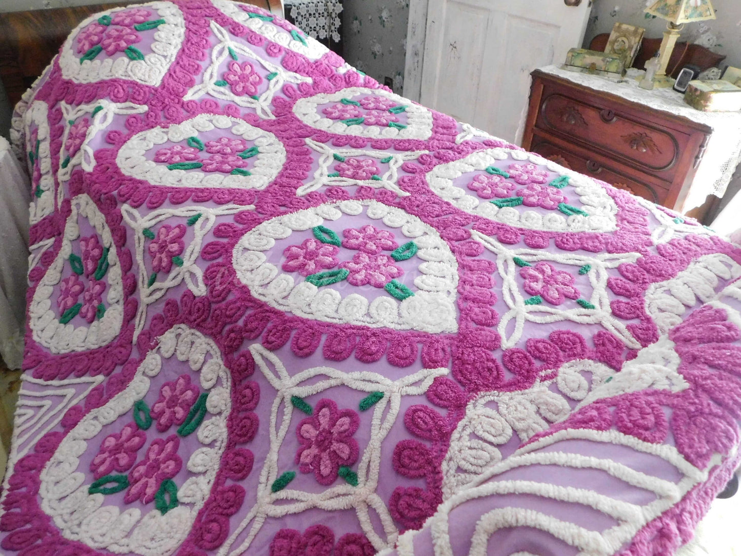 Vintage Chenille Bedspread, Lavender Hearts Hugging Flower Trios in Swirls of Fluffy Tufts, Full Size 1950s Midcentury Design, 100% Cotton
