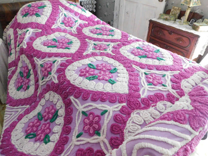 Vintage Chenille Bedspread, Lavender Hearts Hugging Flower Trios in Swirls of Fluffy Tufts, Full Size 1950s Midcentury Design, 100% Cotton