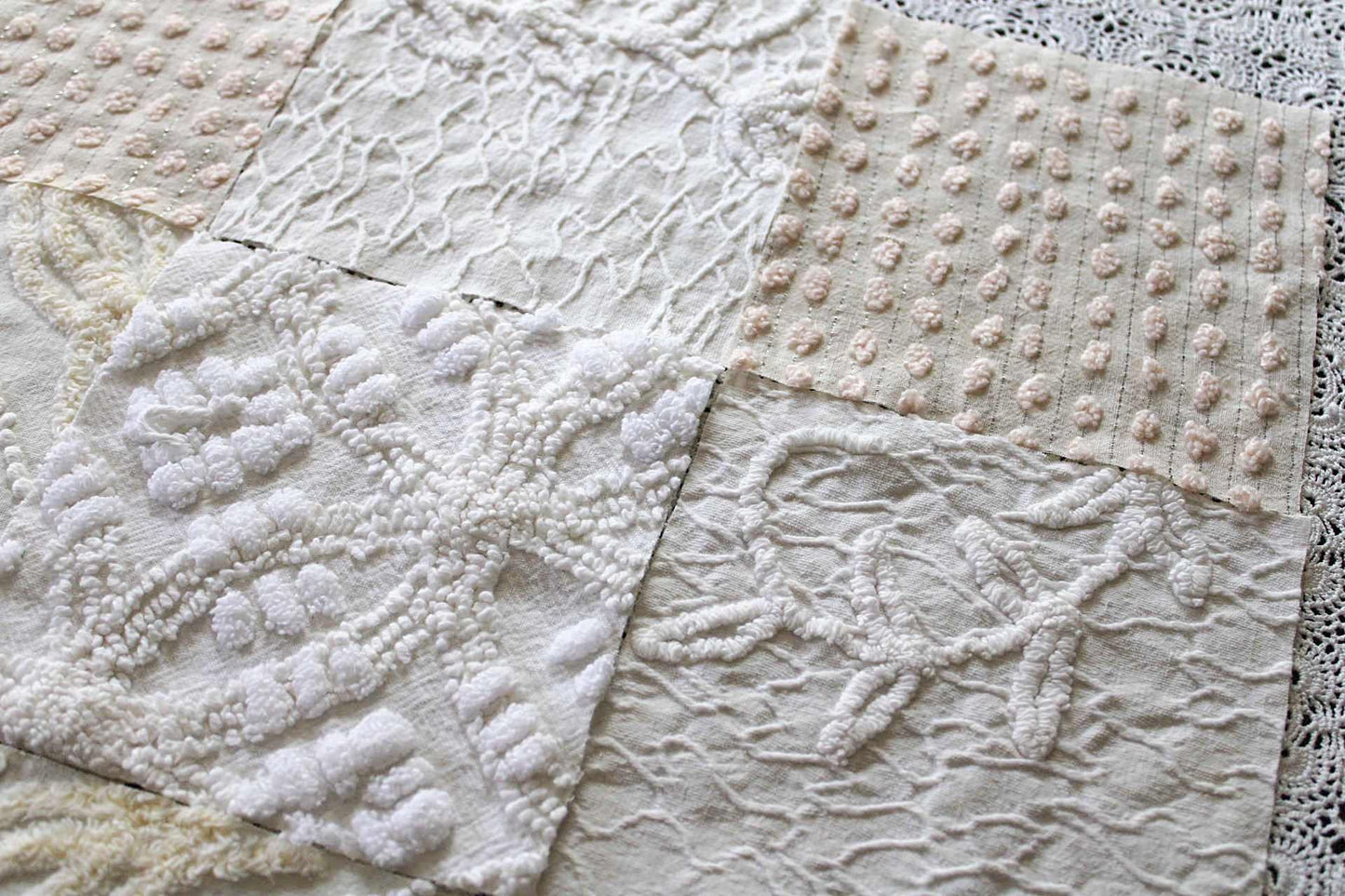 Vintage Matelasse & Chenille Fabric Squares, Heavenly Cream Set of 16 Blocks, 6" Each for Quilts, Crafts