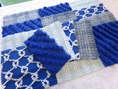 Vintage Chenille Fabric Squares - Set of 16 - Sporty Grey, White & Blue - 6" Quilt Blocks