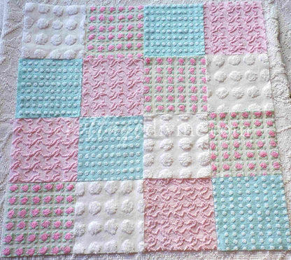 Classic Cottage Chic Chenille Quilt Squares Set from Vintage Bedspread Fabric, 16 Blocks, 6" x 6" inch, Pretty Pink Rosebud, Aqua & White