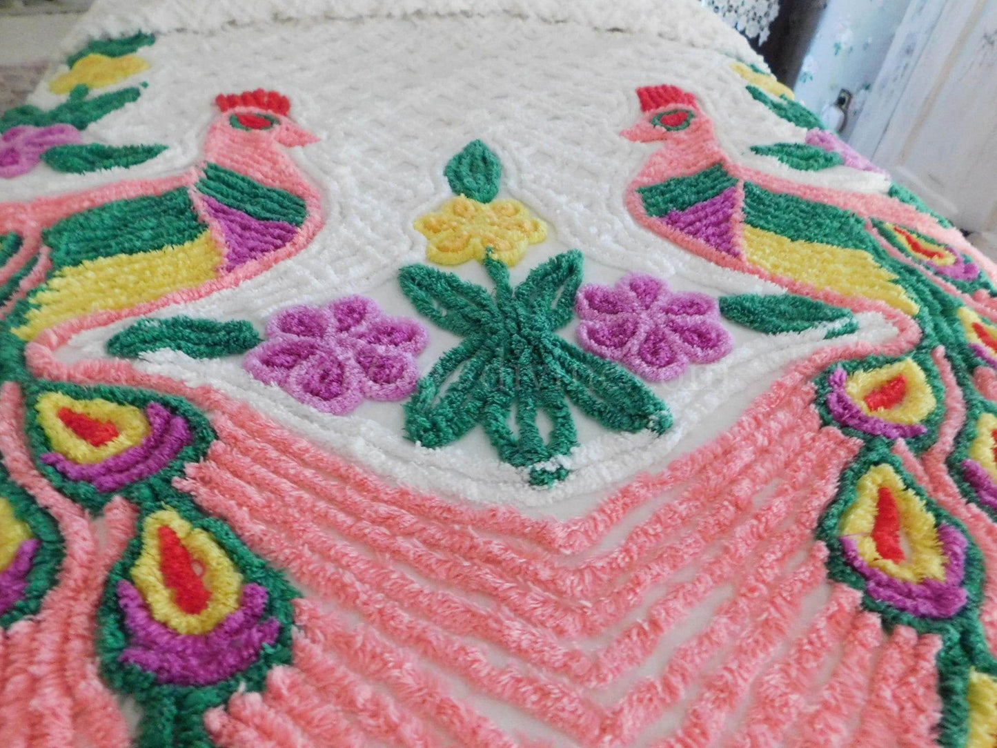 Popular Pink Peacock Vintage Chenille Bedspread, Full Size Boho Glam Bedding