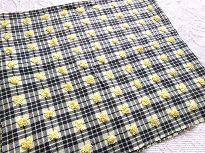 unique black plaid vintage chenille fabric, 18" x 24" piece of sewing material w/ yellow pops