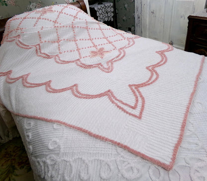vintage full size chenille bedspread, simple star flowers on white cotton, shabby cottage style bedding