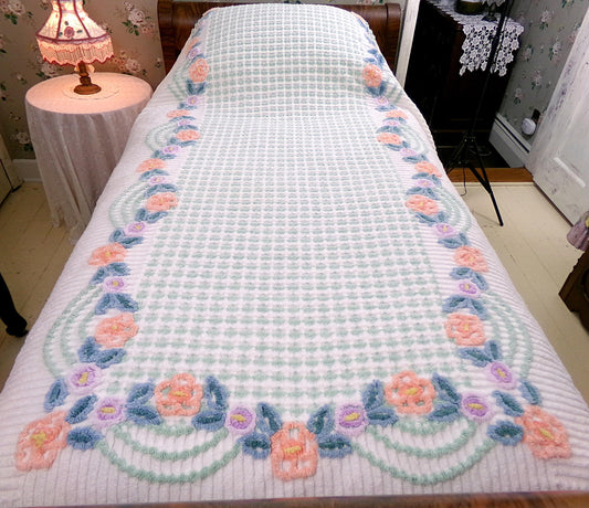 floral plaid vintage chenille bedspread, rare Mary Wilcox Reid tag, twin size cotton cottagecore bedding, great as a layering piece