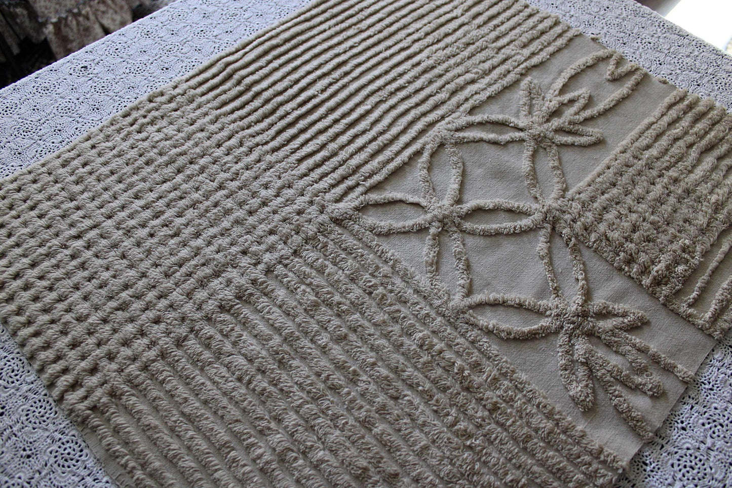 Shabby Modern Neutral Vintage Chenille Fabric, 20" x 24" inch Piece, Mocha Star Lily Design
