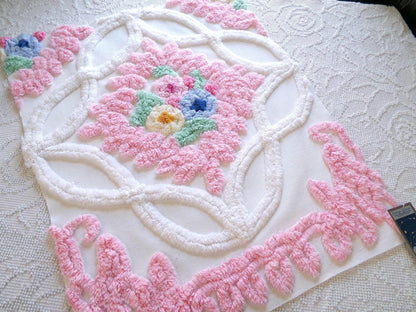 heavenly cottage chic vintage chenille fabric, heavy tufted frosted wedding cake floral 17" x 23" inch piece of pink & white sewing material