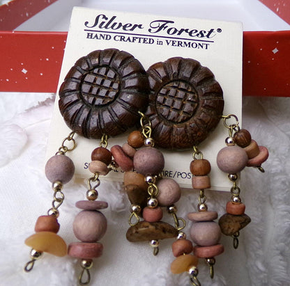Carved Wood Daisy Dangle Pierced Earrings with Bangles, Vintage Silver Forest Vermont Hippie Boho Artisan Style