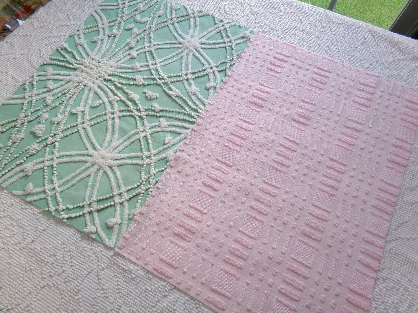 Vintage Chenille Fabric: 2 Pieces Quilt Material 12" x 18" each in Jade Green Tufts & Ballet Pink Dash Dots