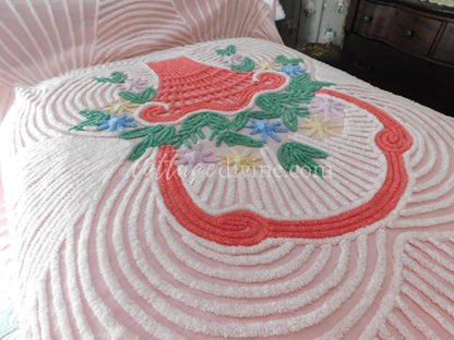 shabby girl pink vintage chenille bedspread, large flower basket & white swirls, full size summery cotton bedding