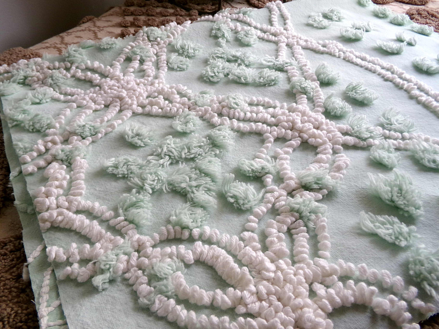 Creamy Mint Green Vintage Chenille Fabric, 20" x 13" inch Piece, White Wedding Ring & Dot Design, Great for Handmade Quilts, Crafts