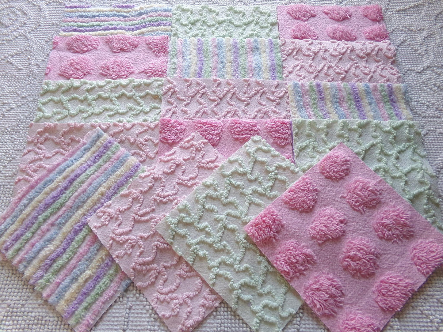 enchanted rainbow chenille fabric squares, set of 16 vintage pink & green quilt blocks 6" ea, rosebud, squiggles for crafts, quilting