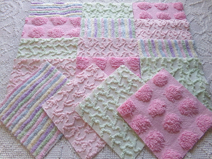 enchanted rainbow chenille fabric squares, set of 16 vintage pink & green quilt blocks 6" ea, rosebud, squiggles for crafts, quilting