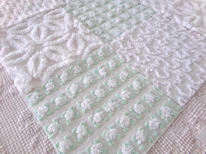 winter rose chenille fabric squares, white rosebud, daisy & geometric mix, vintage craft square set of 16 quilt blocks, 6" x 6" inch