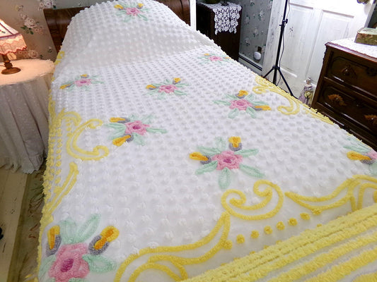 cottage charm vintage chenille bedspread, summer flowers, white dots & golden yellow accents, full size bedding