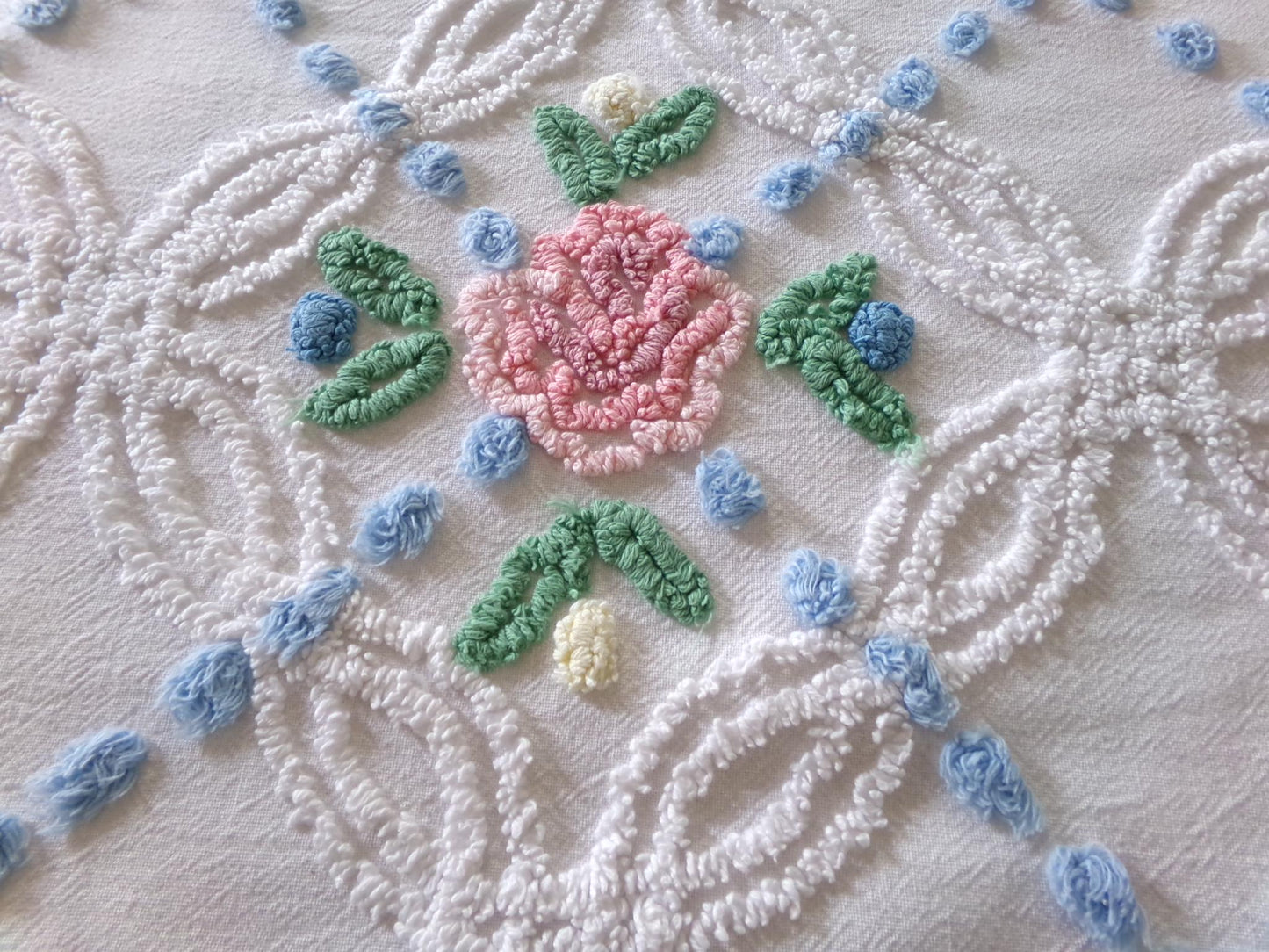 beach cottage fabric, cut from vintage chenille bedspread, 18" x 34" piece with 2 floral motifs, ideal for quilting & sewing